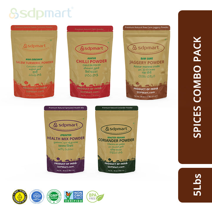 Spices Combo Pack - Turmeric/Chilli/Coriander/Healthmix/Raw Sugar - SDPMart